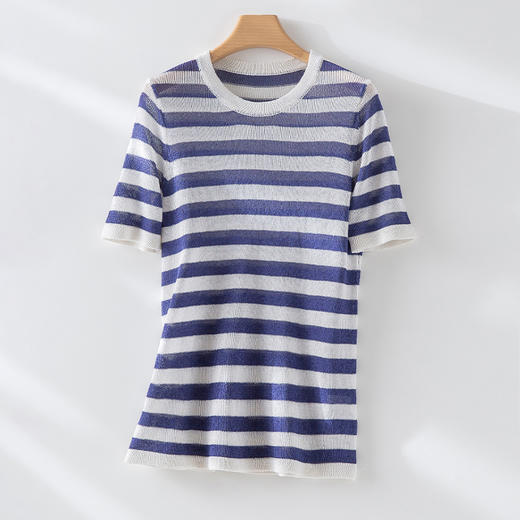百媚生 天丝桑蚕丝拼色条纹T恤YS004 商品图6
