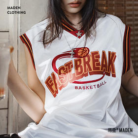 马登夏日高街运动宽松篮球服复古撞色T恤无袖慵懒球衣坎肩背心女