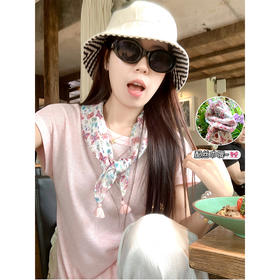 <曾小咸推荐>韩系甜美简约粉色短袖T恤配丝巾