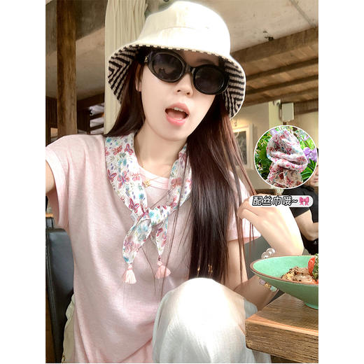 <曾小咸推荐>韩系甜美简约粉色短袖T恤配丝巾 商品图0