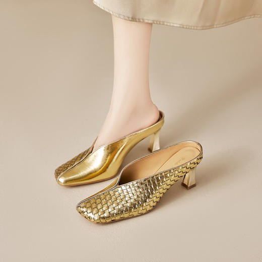 【预售5天】精致外穿拖鞋包头编织牛皮夏季金色宴会高跟鞋凉拖MBJR&6919 商品图0