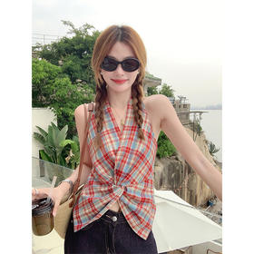 <曾小咸推荐>辣妹纯欲设计扭结挂脖格子背心