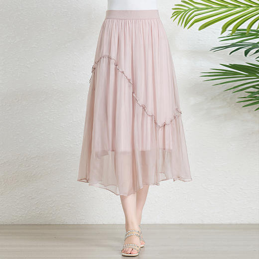 丁摩 真丝简约中长款网纱裙松紧腰桑蚕丝半身裙75670 商品图1