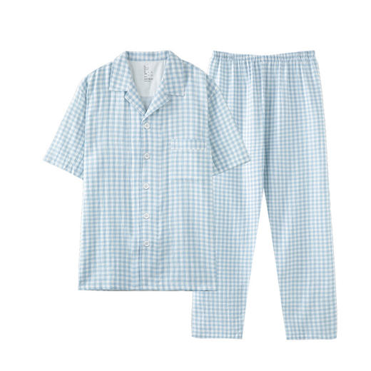 孜在muj*同款纯棉双层纱睡衣男女格子家居服透气薄款, 100%全棉面料，触感软糯亲肤, 宽松慵懒版型 商品图4