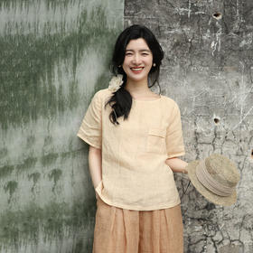 绽放旅行女装309朵/【甜茶系列】茶T亚麻短袖梭织口袋T恤衫女夏季