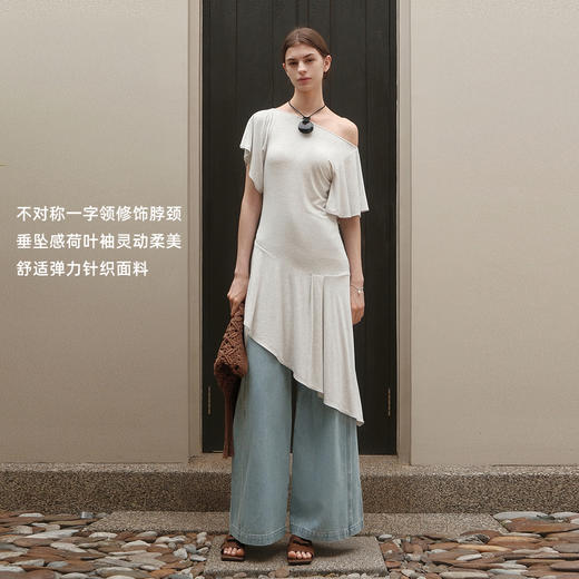 lost in echo2025夏季新款度假不对称露肩荷叶袖透气针织连衣裙女 商品图2