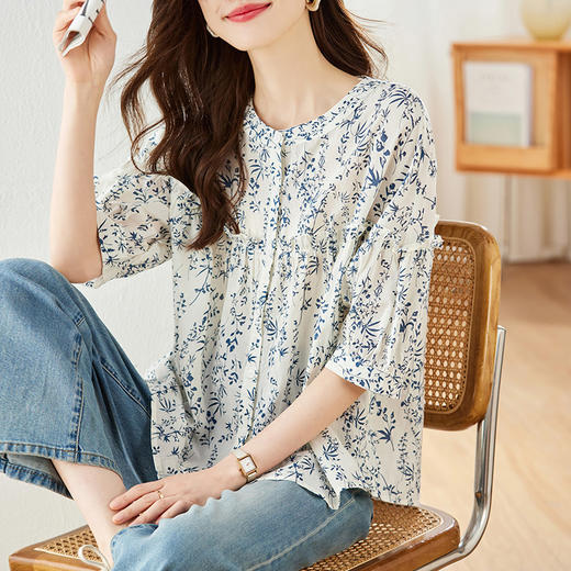 百媚生 纯棉青花瓷小碎花短袖衬衫女35085 商品图2