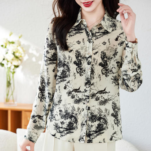 丁摩 桑蚕丝高级感轻奢水墨画真丝衬衫女2528 商品图2