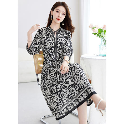 丁摩 夏季文艺真丝连衣裙女100%桑蚕丝双绉印花中长裙子5ZF-1073 商品图2