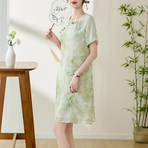 丁摩 新国风 新中式真丝桑蚕丝新中式连衣裙夏季改良旗袍裙子5ZF-69478 商品图1