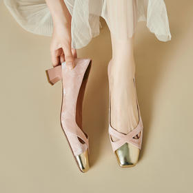 【预售5天】法式优雅真皮拼色浅口单鞋女国风镂空复古方头粗跟气质玛丽珍ML&ML-135