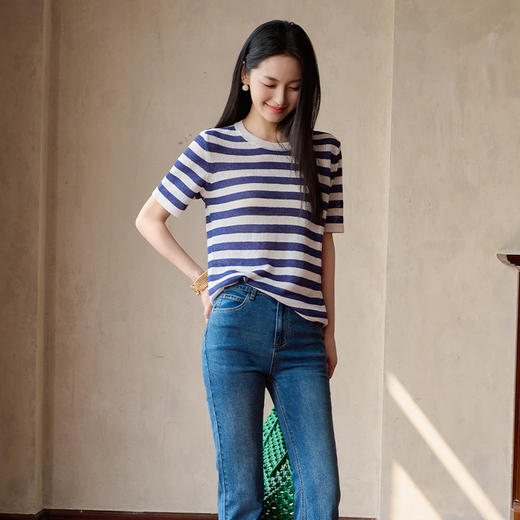 百媚生 天丝桑蚕丝拼色条纹T恤YS004 商品图1
