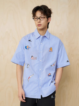 MoodLikeMe/MCS2507/<最后夏日>插画印花格纹短袖衬衫
