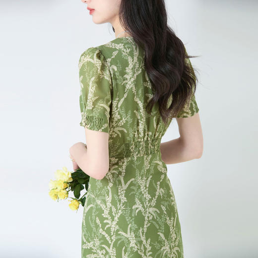 牛油果绿雪纺印花，茶歇裙V领优雅气质收腰显瘦连衣裙SH-15632 商品图3