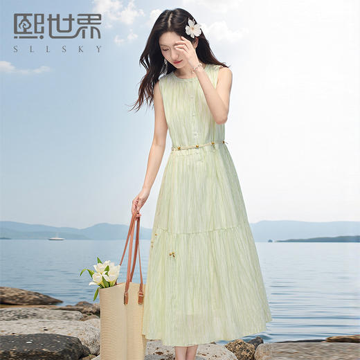 熙世界莱赛尔天丝连衣裙女夏季2025新款度假风宽松圆领无袖背心裙 商品图0