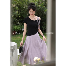 鹿向南「黑艺紫羽」黑紫色假两件短袖连衣裙夏新款时尚拼色长裙女