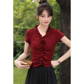 鹿向南「左岸微光」时尚红色短袖t恤女夏设计感小众修身独特上衣