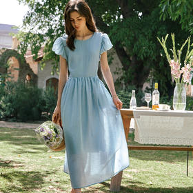 OLrain欧芮儿蓝色法式收腰显瘦连衣裙女夏季2025新款花苞袖长裙