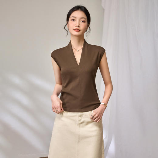百媚生 棉质气质v领无袖t恤女16851 商品图2