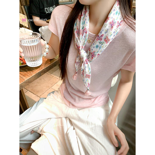 <曾小咸推荐>韩系甜美简约粉色短袖T恤配丝巾 商品图2