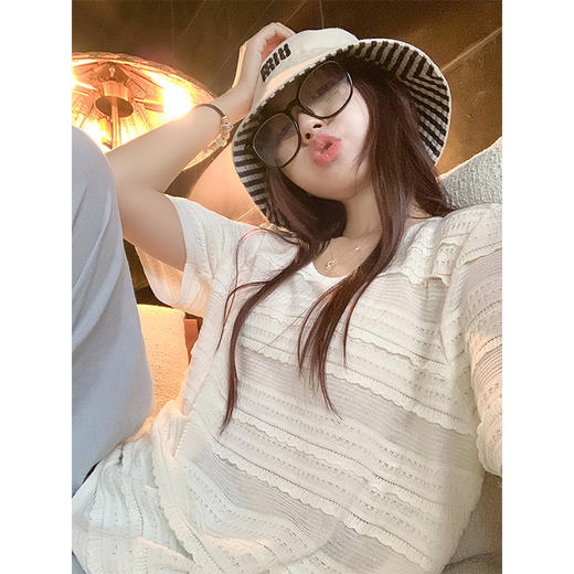 <曾小咸推荐>韩系宽松休闲镂空针织短袖T恤 商品图4