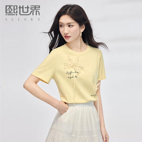 【专属特价】熙世界设计感立体花朵正肩T恤短袖休闲圆领纯棉上衣女2025夏新款