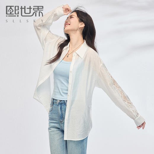 【夏日新品】熙世界轻薄防晒衬衫女夏季2025年新款宽松外搭空调衫长袖白色衬衣 商品图0