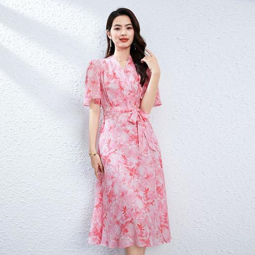 「高货kbnq」全新升级【铂金会员505/天猫679/差价174】(11519)洛诗琳轻奢桑蚕丝印花连衣裙2025夏季V领收腰气质真丝裙 商品图1