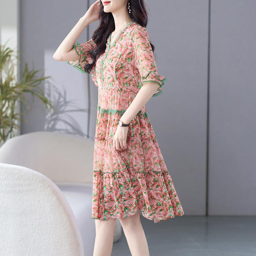 丁摩 粉色碎花真丝连衣裙桑蚕丝裙子女夏女装新款5ZF-69513 商品图1