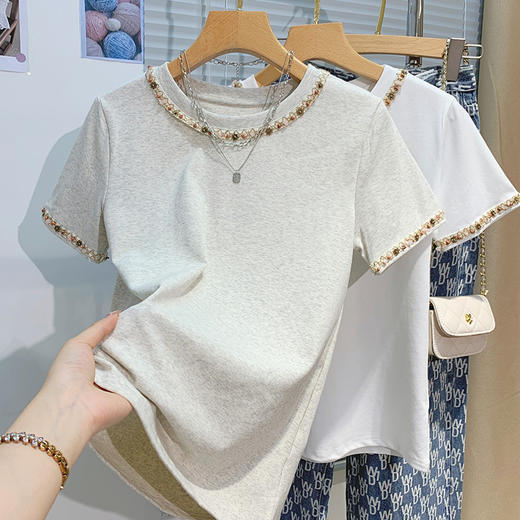 丁摩 重工串珠短袖T恤女夏韩版圆领休闲半袖设计感棉上衣5ZF-5263 商品图4