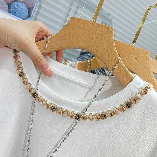 丁摩 重工串珠短袖T恤女夏韩版圆领休闲半袖设计感棉上衣5ZF-5263 商品图2