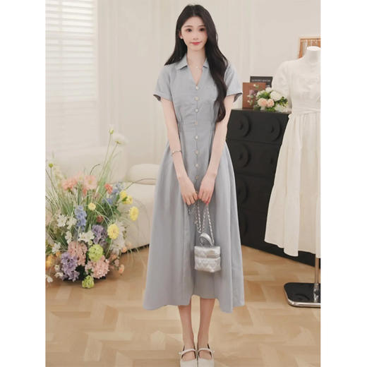 【65折秒杀】鹿向南「盛夏漫漫」气质polo领女夏季连衣裙抽褶收腰长款a字裙子QJD00412 商品图1