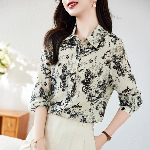 丁摩 桑蚕丝高级感轻奢水墨画真丝衬衫女2528 商品图1