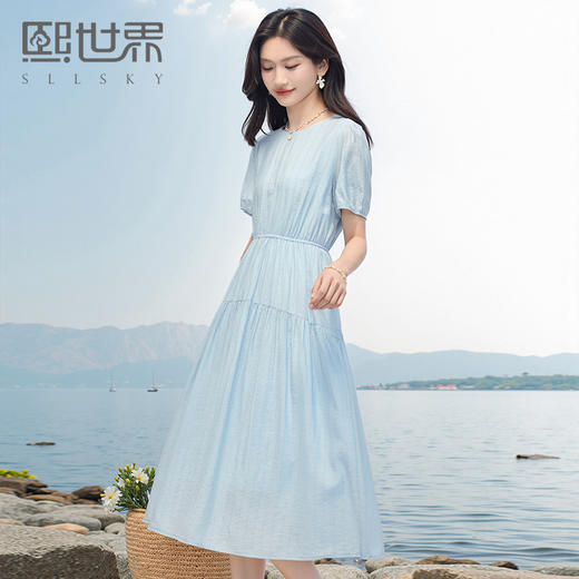 熙世界蓝色亚麻连衣裙女2025夏季新款气质优雅收腰圆领泡泡袖裙子 商品图0