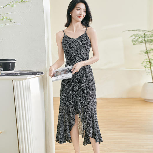 剩S/M/L/XL 【印花吊带裙】时尚度假风荷叶大摆连衣裙1105 商品图1
