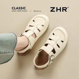 ZHR则则真皮镂空包头罗马凉鞋女软底猪笼鞋夏季百搭时装凉鞋平底