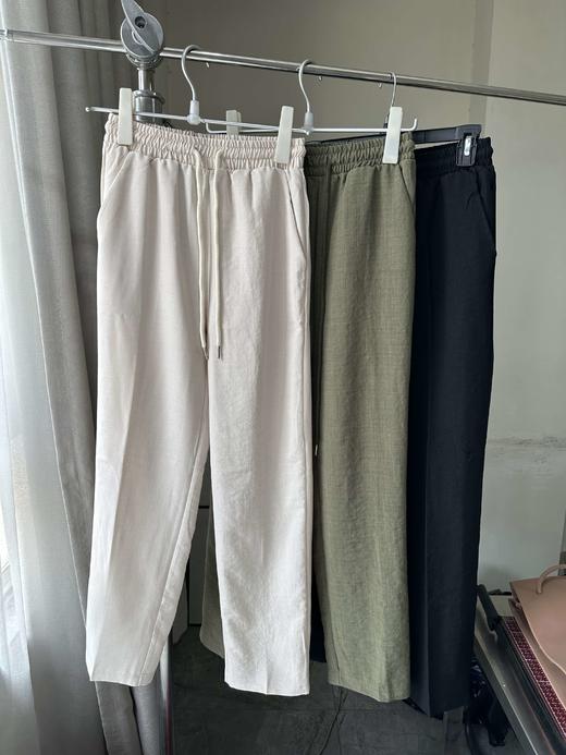 贝壳三 亚麻混纺松紧腰抽绳休闲裤高腰宽松透气直筒阔腿裤C052727 商品图0