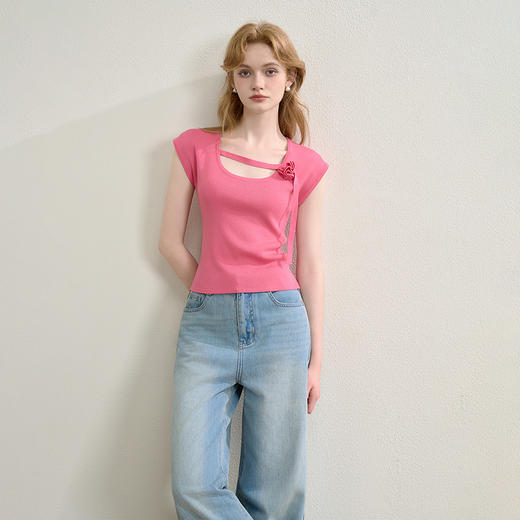 【立体花朵】设计感优雅弹力针织衫女夏季修身背心上衣V0050973 商品图3