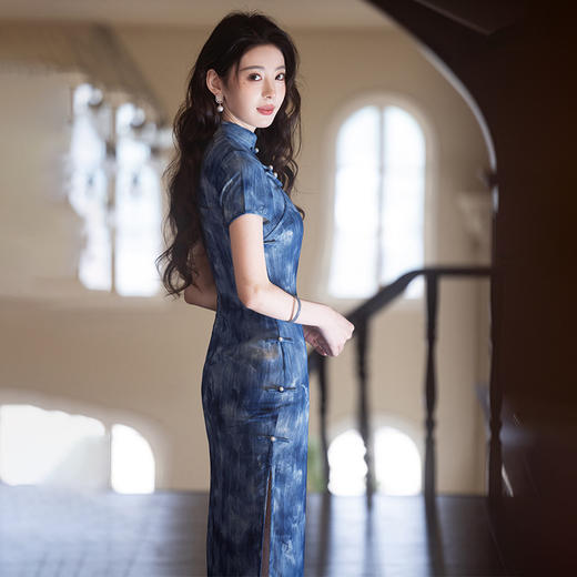 新中式国风水墨印花，高端气质蓝色显瘦旗袍JLM-6151 商品图2