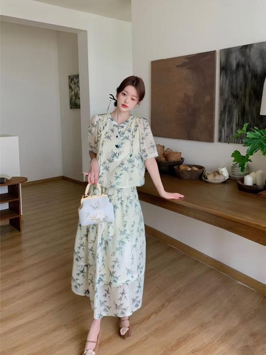 七夕节清仓 天丝面料！！【三件套】超美推荐 雅致竹叶款春夏短袖上衣+吊带+连衣裙套装-喜出 商品图1