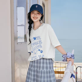 【严选】诗凡黎狗狗字母图案可爱T恤2025夏新款简约百搭时尚宽松短袖上衣7G6101521