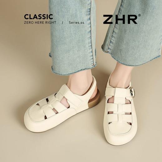 ZHR则则真皮镂空包头罗马凉鞋女软底猪笼鞋夏季百搭时装凉鞋平底 商品图6