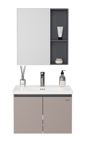 浴室柜/WYS58-80/宜家/铝合金主柜（灰）+SPC柜门（奶茶灰）+铝合金镜柜+陶瓷盆/80CM