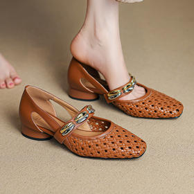 【预售5天】夏季新款时尚粗跟镂空女鞋法式优雅方头中跟一字带编织鞋女HCYYHD&6161