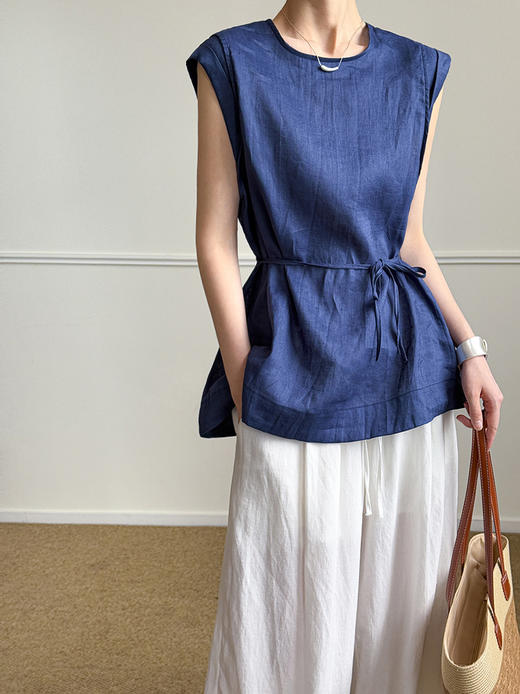 雀说新款收腰系带上衣温柔韩系独特亚麻气质无袖衬衫女AL25199 商品图5