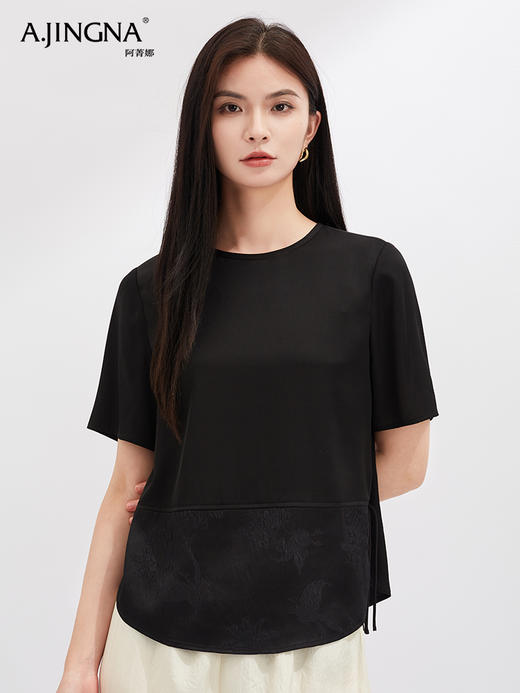 【简约大方】阿菁娜温婉新中式拼接桑蚕丝提花短袖上衣F30X202026 商品图2