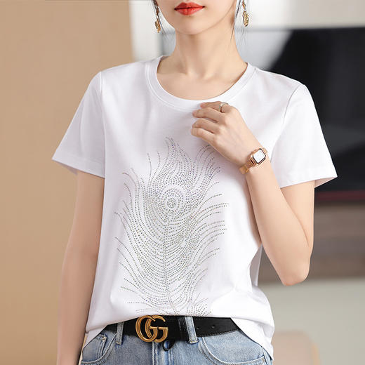 雀说重工烫钻丝光棉白色短袖T恤女夏季新款宽松显瘦圆领半袖T恤上衣AL2403 商品图2