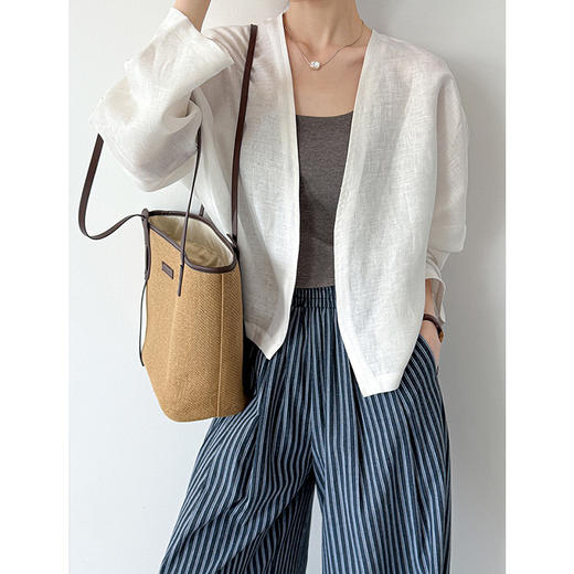 雀说新款长袖防晒衣女夏薄款宽松休闲亚麻开衫短外套AL250105-1 商品图3