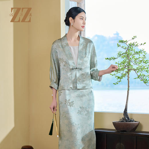 佐尔美夏季新款新中式国风桑蚕丝衬衣套装女M52CS44 商品图0