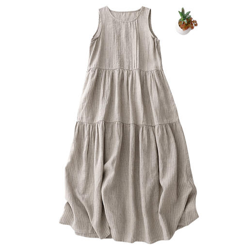 雀说新款文艺宽松大码女装压褶米色背心竖条纹连衣裙AL3639 商品图4